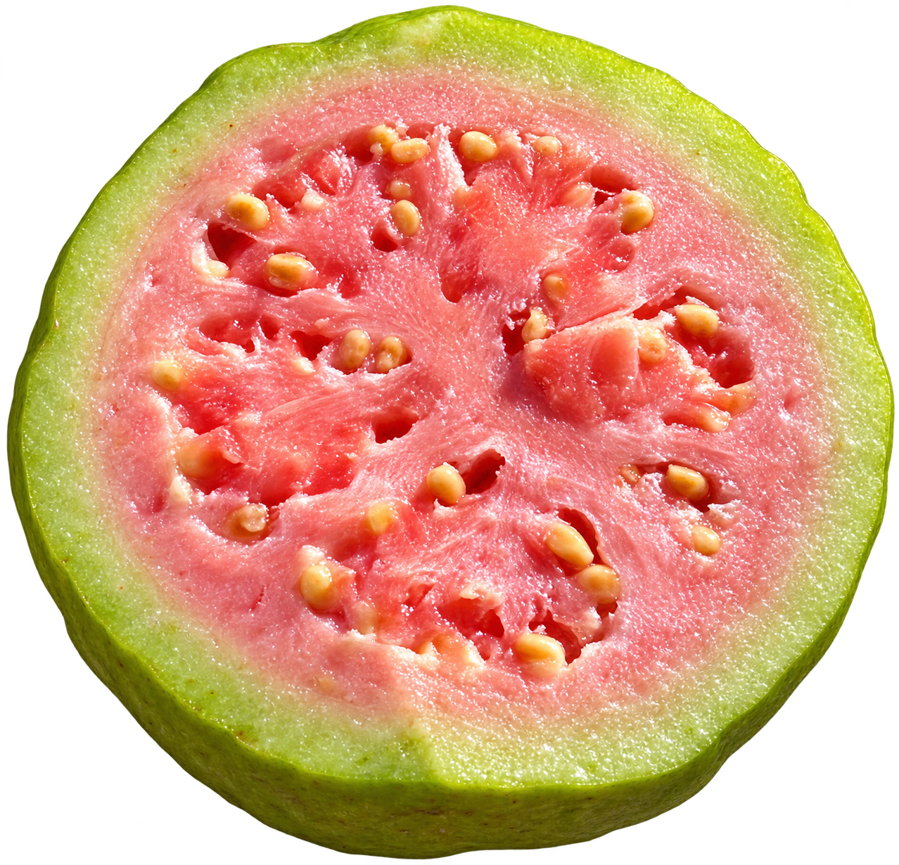 Goiaba cortada com polpa rosada, sem fundo